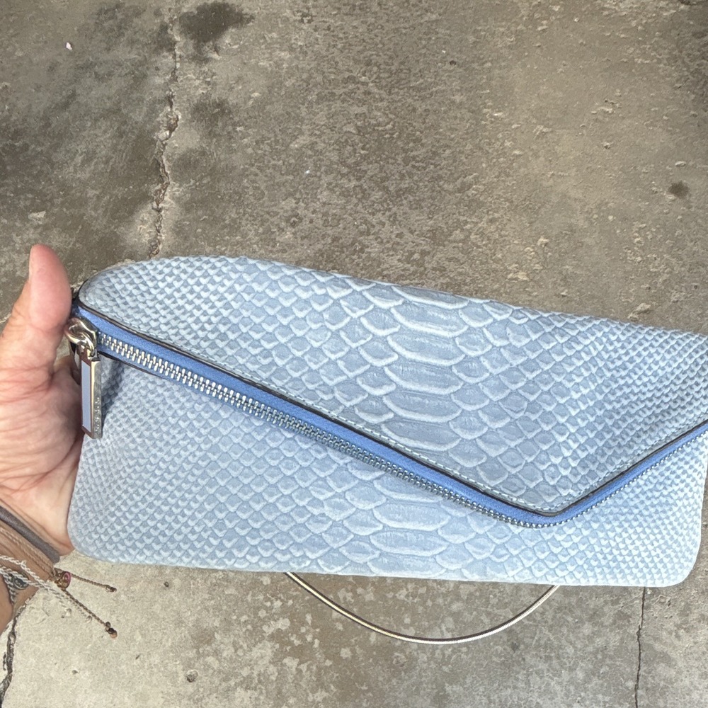 Henri Bendel Blue Snake-Embossed Zip Shoulder Bag w/ Detachable Strap